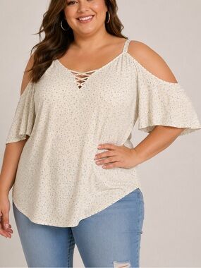 Torrid Floral Cold Shoulder Lace-Up V-Neck Blouse Top 2X Blue White